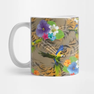 Colorful flowers and parrots with leopard skin texture Mug